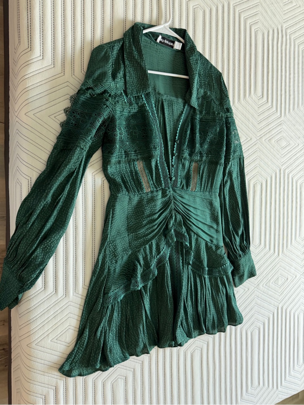 Self-Portrait Emerald Green Long-Sleeve Lace-Detail Mini Dress